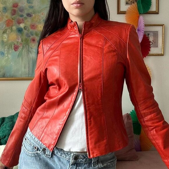 Vintage Burnt Red Leather Zip-Up Jacket - Picture 3 of 6